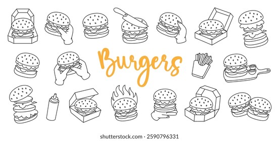 Burger outline set. Beef burger, hamburger, veggie burger, cheeseburger. Traditional American fast food. Vector illustration.