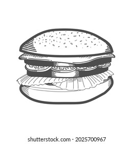 Burger outline sketch vector. Fast food illustration 