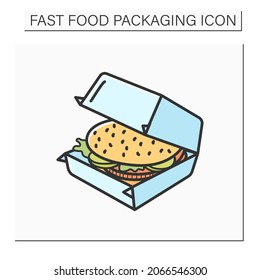 Burger in package color icon.Open disposable,paper box for hamburger,sandwich.Take away.Fast Food Packaging. Isolated vector illustration