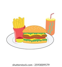 Burger package with fries and soft drink isolated on a white background