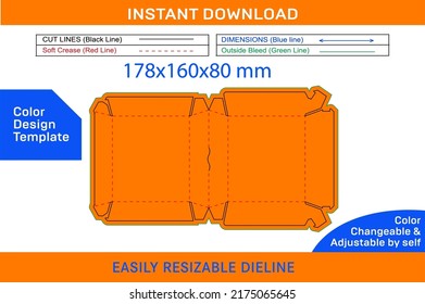 Burger packaging Box or Dinner  178 x 160 x 80 mm box dieline template and 3D box design