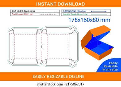 Burger packaging Box or Dinner  178 x 160 x 80 mm box dieline template and 3D box design