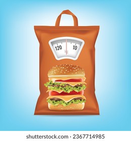 Embalaje de hamburguesas con una escala de peso. Concepto dietético. Vector.