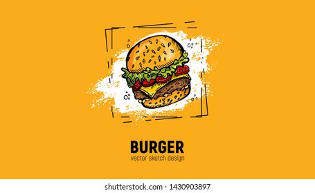 Burger Painted by hand,vector illustration. Fast food sketch. Sandwich print for design and menu