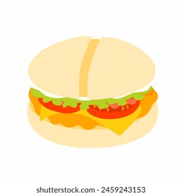 Burger with panini bun, chicken cutlet, fresh tomato, salad leaf, cheese, mayo sauce and wheat bun. Icon in cartoon flat style. Vector illustration isolated on white background. For menu, infographic.