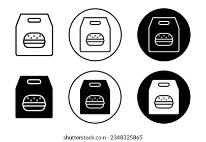 Burger paper bag icon set. food take away  burger bag vector symbol. lunch takeout bag sign in black filled and outlined style.