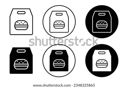 Burger paper bag icon set. food take away  burger bag vector symbol. lunch takeout bag sign in black filled and outlined style.