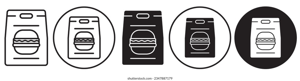 Burger paper bag icon. Symbol of fast food take away at cafe or restaurant to carry a meal to eat. Vector set collection of hamburger package container