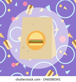 Burger paper bag icon. Takeaway street fast food. Craft paper bag with oil spots, beef burger with tomatoes, salad leaf, mustard. Flat vector illustration on violet hot dog trendy pattern background.