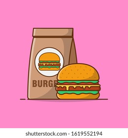 Burger with Burger Paper Bag Vector Icon Illustration. Simple Burger Set. Delicious Burger Icon