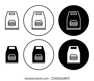 Burger paper bag vector icon set. take away burger bag symbol. lunch takeout bag sign in black color.