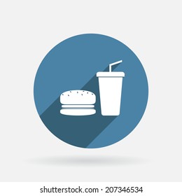 burger and paper cup with a drink. Circle blue icon with shadow.