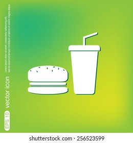 burger and paper cup with a drink. symbol of fast food