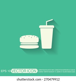 burger and paper cup with a drink. symbol of fast food