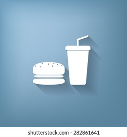 burger and paper cup with a drink. symbol of fast food