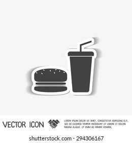 burger and paper cup with a drink. symbol of fast food