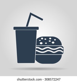burger and paper cup with a drink. symbol of fast food.