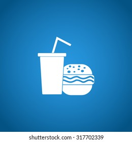 burger and paper cup with a drink. symbol of fast food.