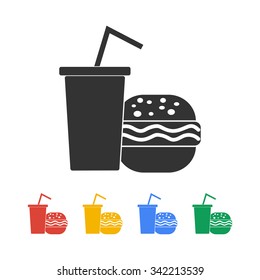 burger and paper cup with a drink. symbol of fast food.