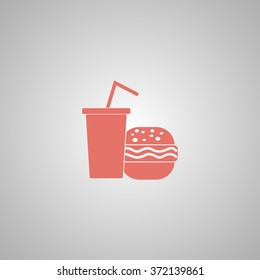 burger and paper cup with a drink. symbol of fast food.