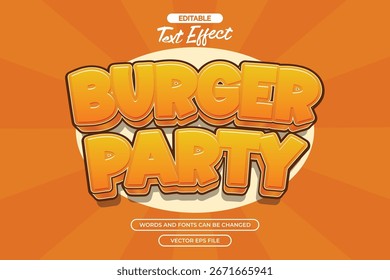 Efecto de texto editable de fiesta de hamburguesa con estilo de texto de dibujos animados