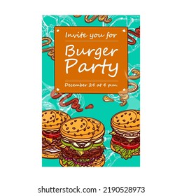 Burger Party Invitation Design. Trendy Sandwich Festival Invitations With Yummy Food. Unhealthy Meal And Nutrition Concept. Template For Leaflet, Banner Or Flyer