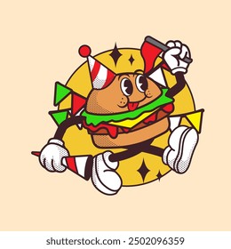 Burger Party Mascot Vintage and Retro Illustration