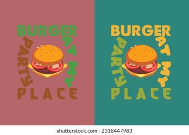 Burger Party At My Place, Burger Boy Retro Vintage Sunset, Black T-Shirt with Heart-Shaped Burger Design, Retro Burger, True Love for,