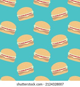 Burger pattern. Illustration in vector. For greeting card, posters, banners, menu, the card or stick, printing on the pack, printing on clothes, fabric, wallpaper.