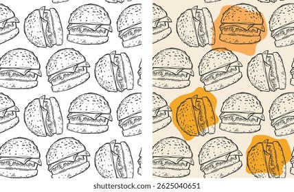 Burger pattern. Trendy hand drawn doodle pattern background. Fabric wallpaper vector.