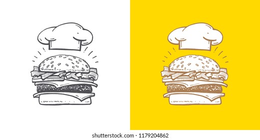 burger picture by hand, chef's hat, vector image