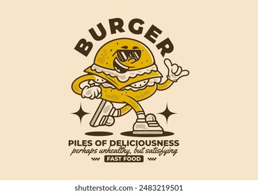 Burger, pile of deliciousness. Vintage mascot character illustration of burger in running pose