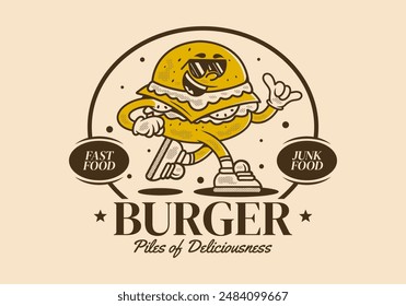 Burger, pile of deliciousness. Vintage mascot character illustration of burger in running pose