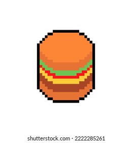 Burger pixel art. Hamburger 8 bit icon. Simplified fast food symbol pixelated