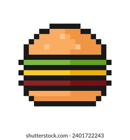 burger pixel art icon, vintage, 8 bit, 80s, 90s games, computer arcade game item, nostalgic, old games style, hamburger vector illustration