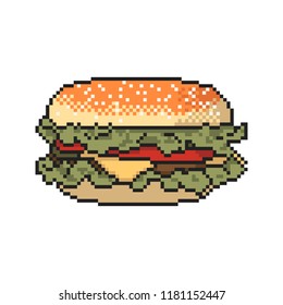 Burger pixel art on white background. Vector illustration.