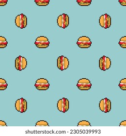 Burger pixel art pattern seamless. Hamburger pixelated background. Fast food 8 bit texture