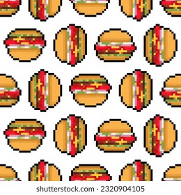Greifen Sie nahtlos in die Pixelkunst. Hamburger-pixeliger Hintergrund. Fast Food 8 Bit Textur