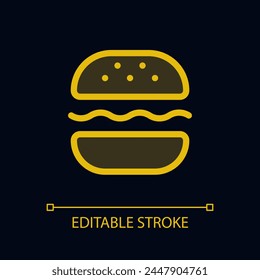 Burger pixel perfecto glassmorphism ui icono para tema oscuro. Comida rápida. Coloree el elemento de línea relleno con transparencia. Pictograma de Vector aislado para el modo nocturno. Trazo editable. Fuente Arial utilizada