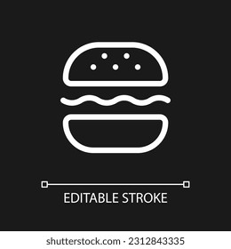 Burger pixel perfect white linear ui icon for dark theme. Substantial meal. Fast food lunch. Vector line pictogram. Isolated user interface symbol for night mode. Editable stroke. Arial font used