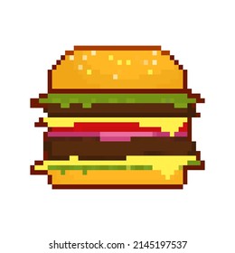 Burger in pixel style. Closeup for promotion design. Abstract background. Logo design. Fast food
