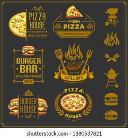 Burger, pizza and bbq emblems, labels and design elements. Fast food restaurant logo design template.