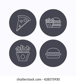 Burger, pizza and chips fries icons. Fast food linear signs. Flat icons in circle buttons on white background. Vector