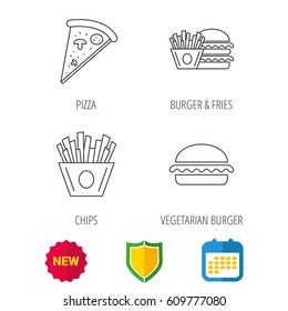 Burger, pizza and chips fries icons. Fast food linear signs. Shield protection, calendar and new tag web icons. Vector
