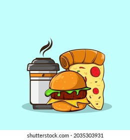 BURGER, PIZZA AND COFFEE CUP VECTOR ILLUSTRATION