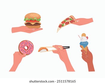 Burger, pizza, donut, sushi and ice cream on hands. Vector cartoon flat style illustration