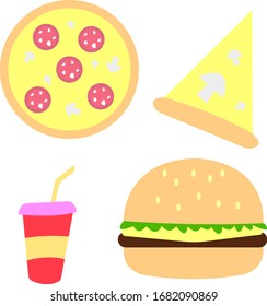 pizza de hamburguesa y bebida con objetos de paja en un fondo blanco concepto de comida rápida