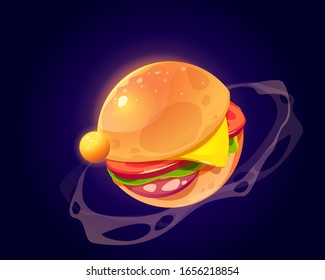 Burger planet in outer space. Vector cartoon funny art of food planet, sphere with hamburger texture in cosmos. Illustration for gui of fantasy game about tasty galaxy world