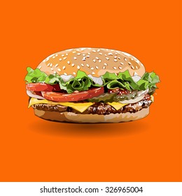 Burger pop art on an orange background. no trace