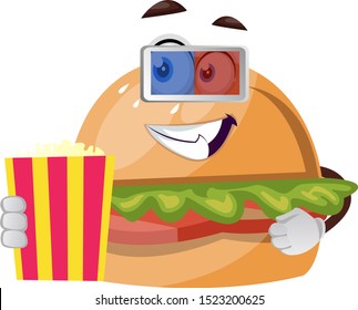 Hamburguesa con palomitas de maíz, ilustración, vector sobre fondo blanco.